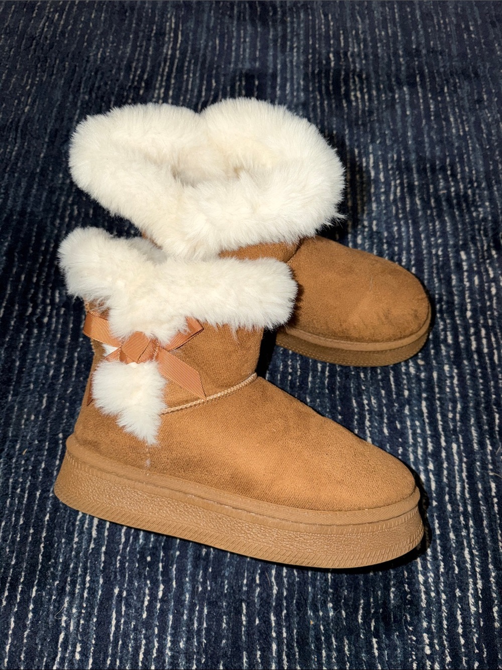 Chestnut Faux Suede Shearling Bow Booties with Cream Fur Trim